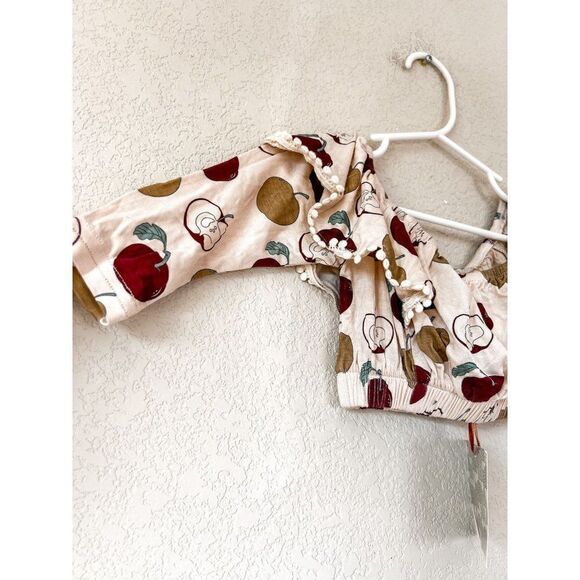 NWT! Kate Quinn Apples Print Long Sleeve Ruffle Crop Top, Size 6-12M - Picture 2 of 4